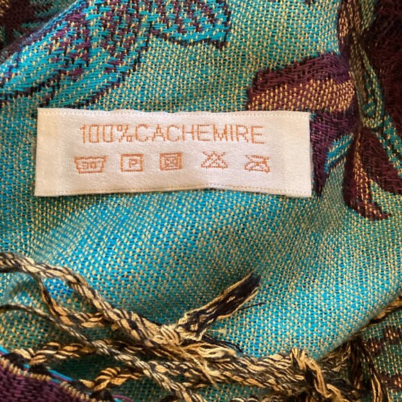 Floral Paisley Cashmere Shawl Scarf Wrap W/ Fringe Turquoise & Purple - Picture 6 of 6
